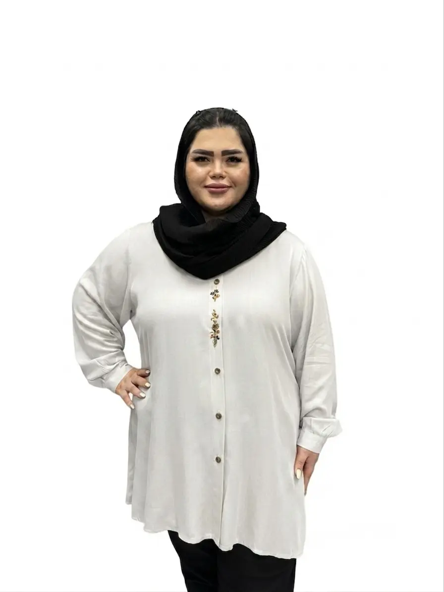 شومیز مانتویی سایز بزرگ زنانه نخی طرح گلدوزی خوشه ای